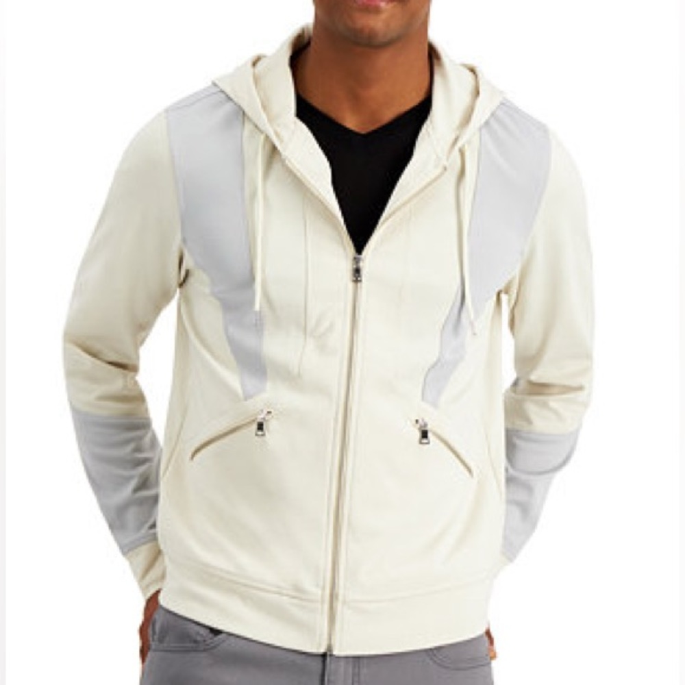 INC International Concepts Men's Cream and Blue-Gray Hoodie Jacket Size S NWT